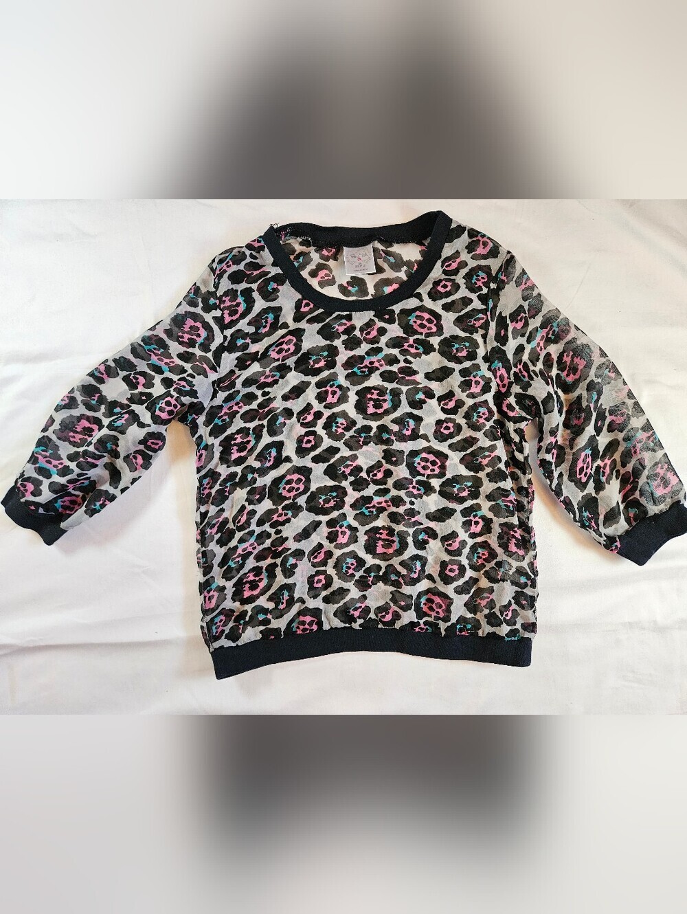 Pony Tails Girls Gray Blue & Pink Leopard Print Sheer 3/4 Sleeve Top Size Medium